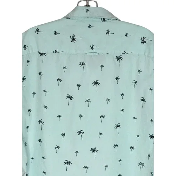Denim & Flower Mens L Short Sleeve Button Down Shirt Baby Blue Palm Tree Print - Picture 7 of 13